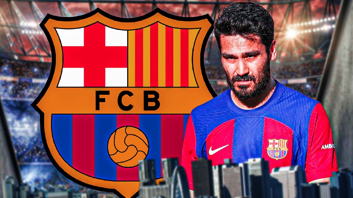 Ilkay Gundogan looking down/sad next to the Barcelona logo
