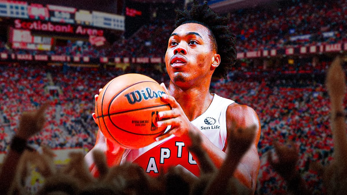 Scottie Barnes with the Raptors arena in the background
