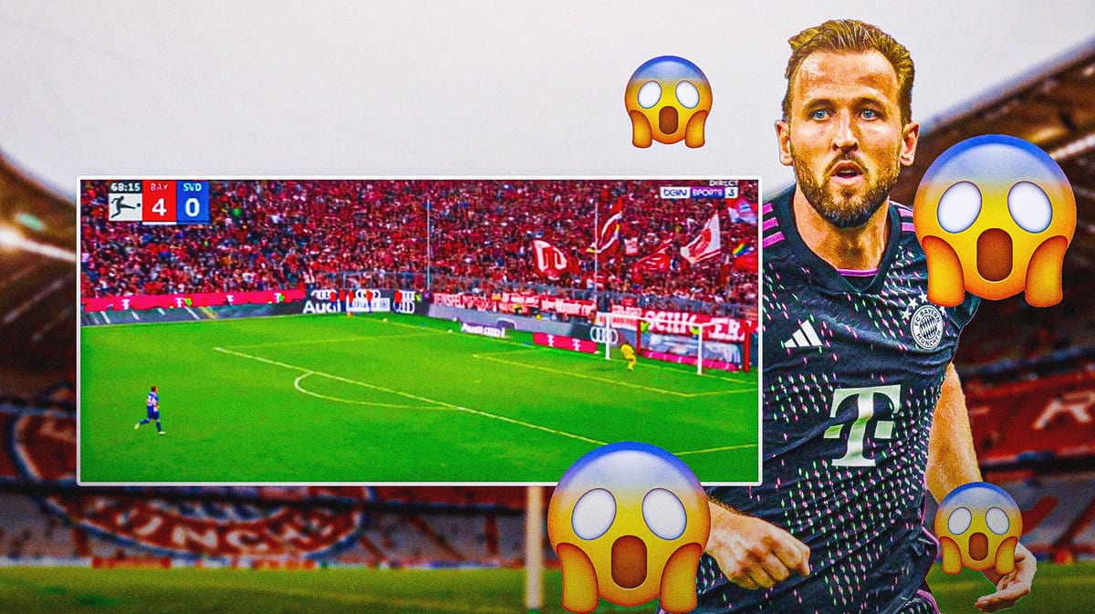 Harry Kane celebrating in Bayern jersey, shocked emojis all around him, screenshot of tweet video below at 7-second mark pls