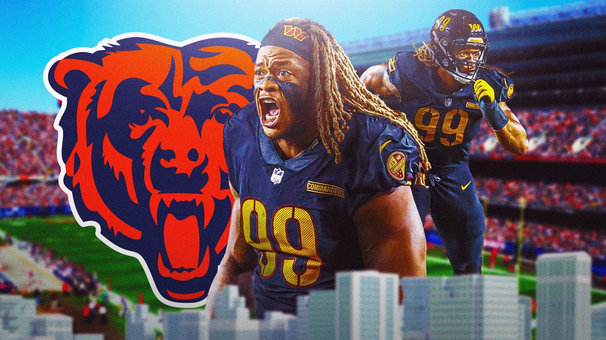 Chase Young yelling next to the Chicago Bears logo