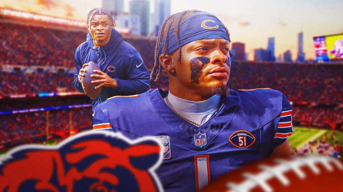 Justin Fields in Bears uniform in front of Soldier Field