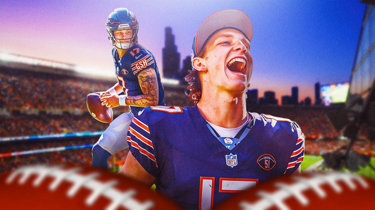 Tyson Bagent looking excited in a Chicago Bears uniform.
