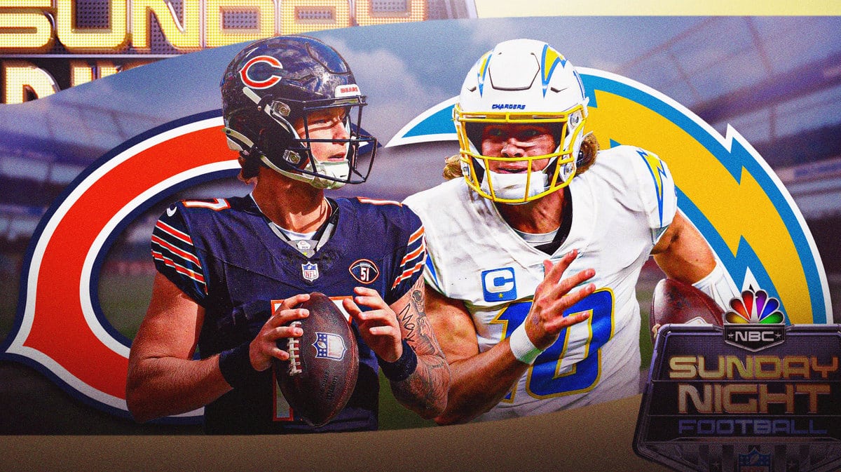 Tyson Bagent, Bears logo vs. Justin Herbert, Chargers logo. Sunday Night Football logo.