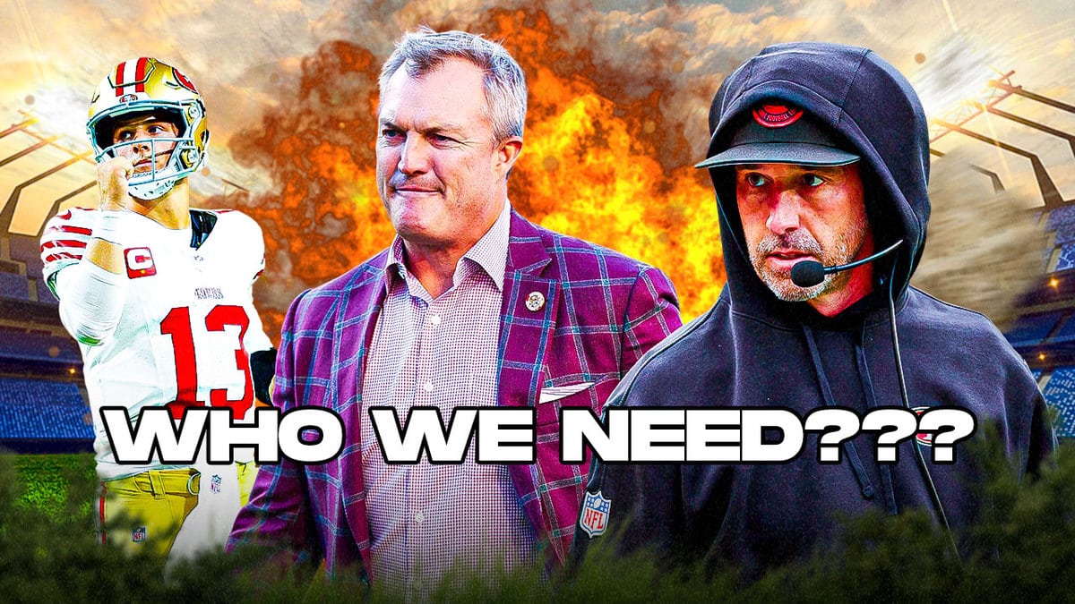 John Lynch in the middle with Kyle Shanahan, Brock Purdy around him and explosions in the background.