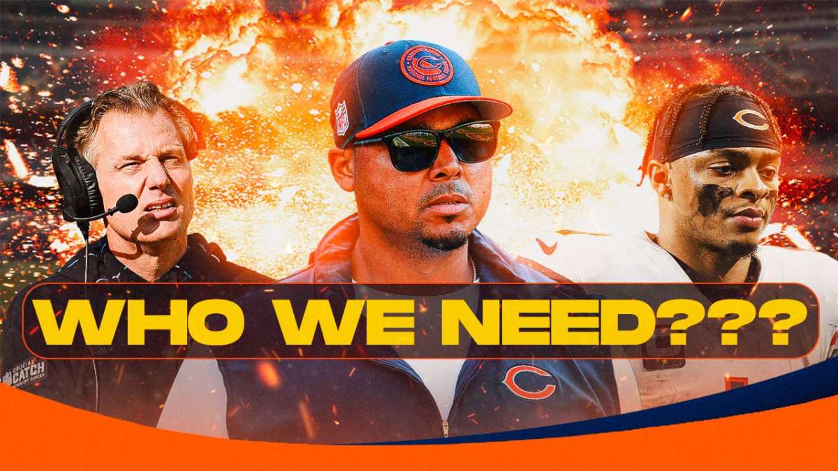 Ryan Poles in the middle with Matt Eberflus, Justin Fields around him and explosions in the background.