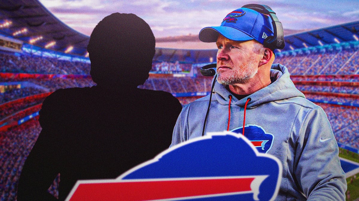 Sean McDermott with Dawson Knox as a silhouette next to him.
