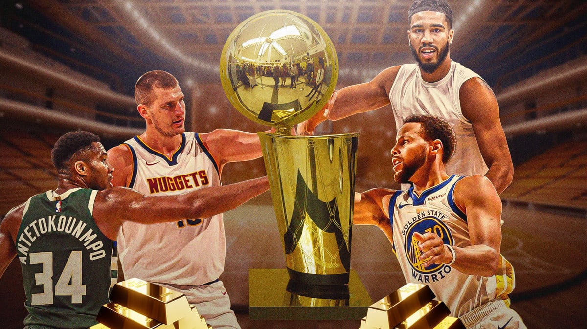 Nikola Jokic, Giannis Antetokounmpo, Stephen Curry and Jayson Tatum all reaching for NBA Finals trophy