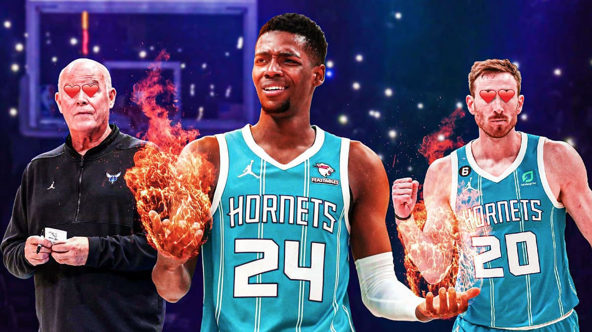 Brandon Miller with fire around him in Hornets jersey, Steve Clifford, Gordon Hayward in Hornets gear behind him with heart eyes loooking at Miller