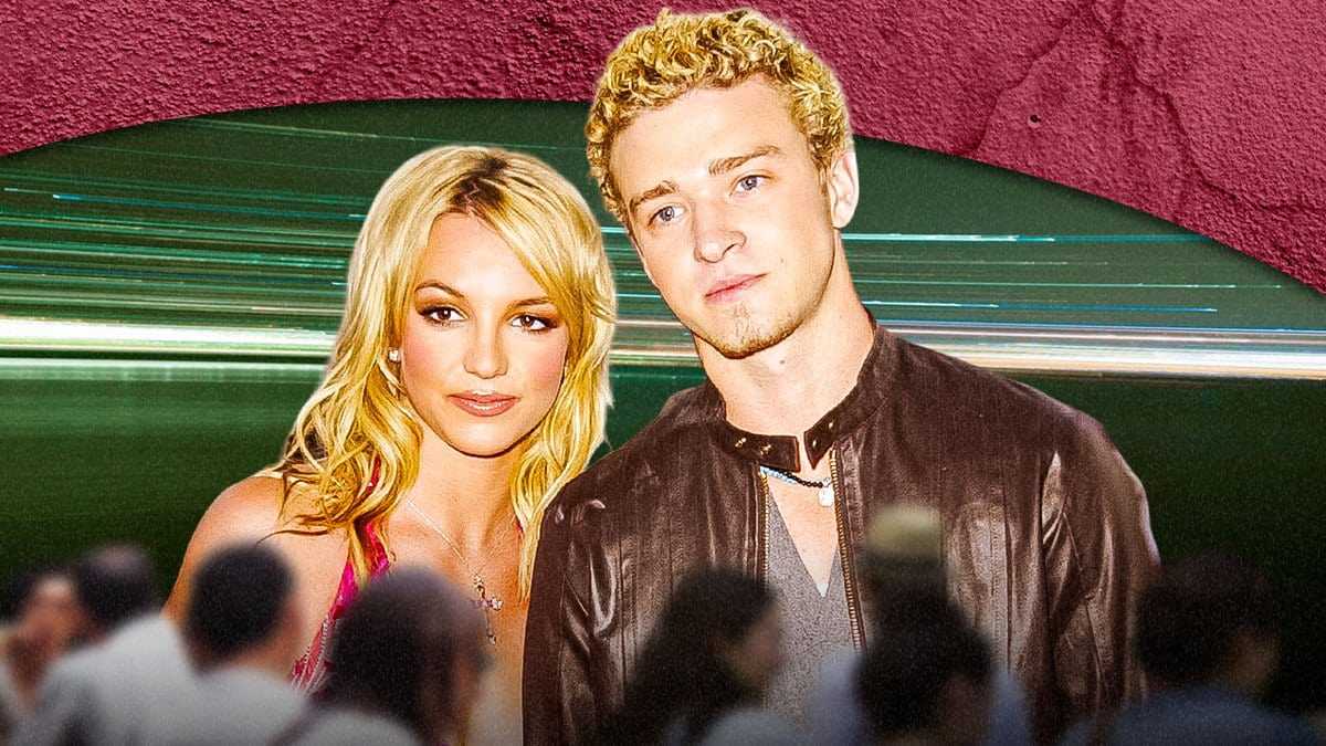 Throwback photos of Britney Spears and Justin Timberlake as they face a crowd.