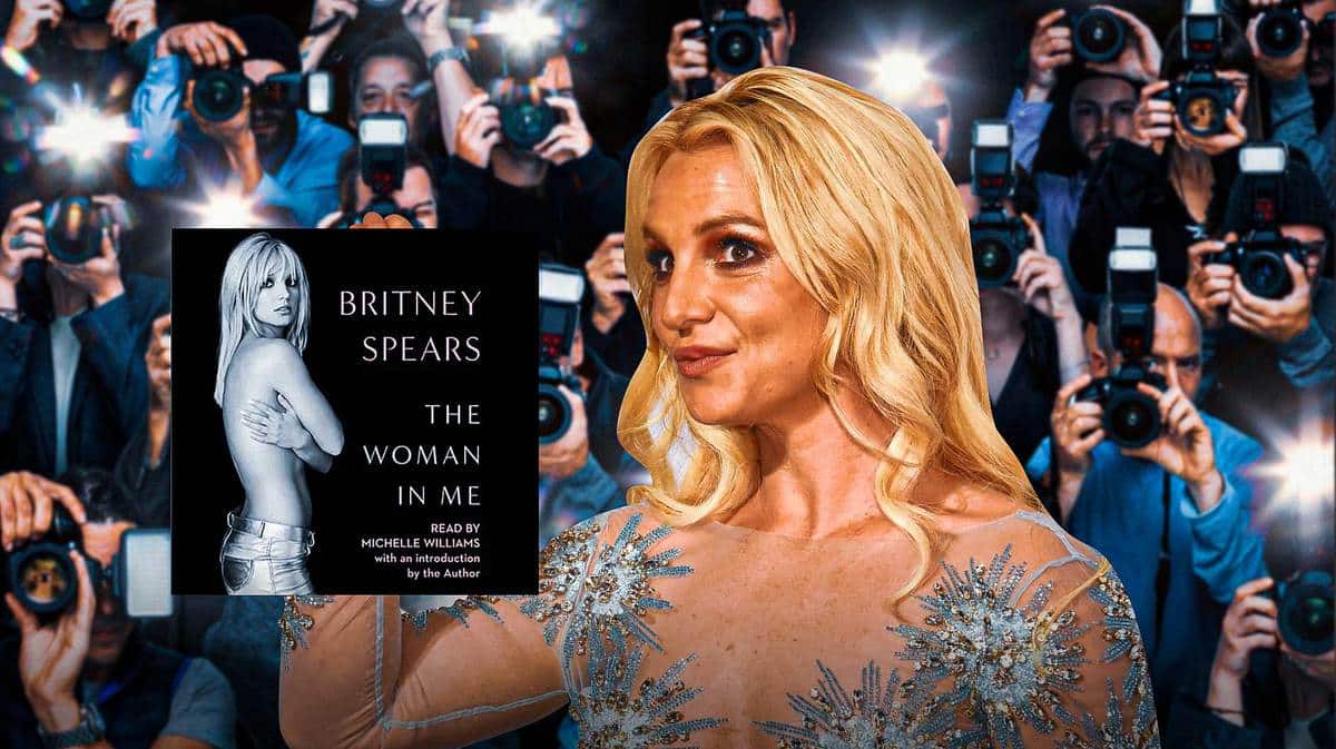 Britney Spears smiling with her memoir in the background.