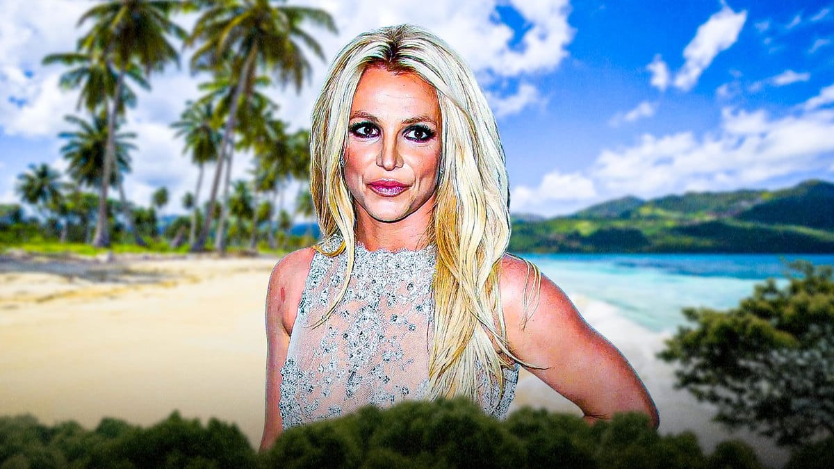 Britney Spears with a beach background.