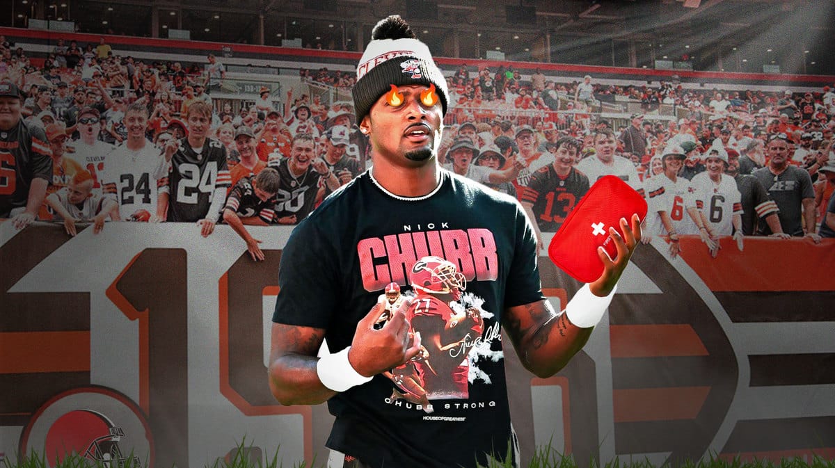 Browns' Deshaun Watson with fire in his eyes while holding a first-aid kit