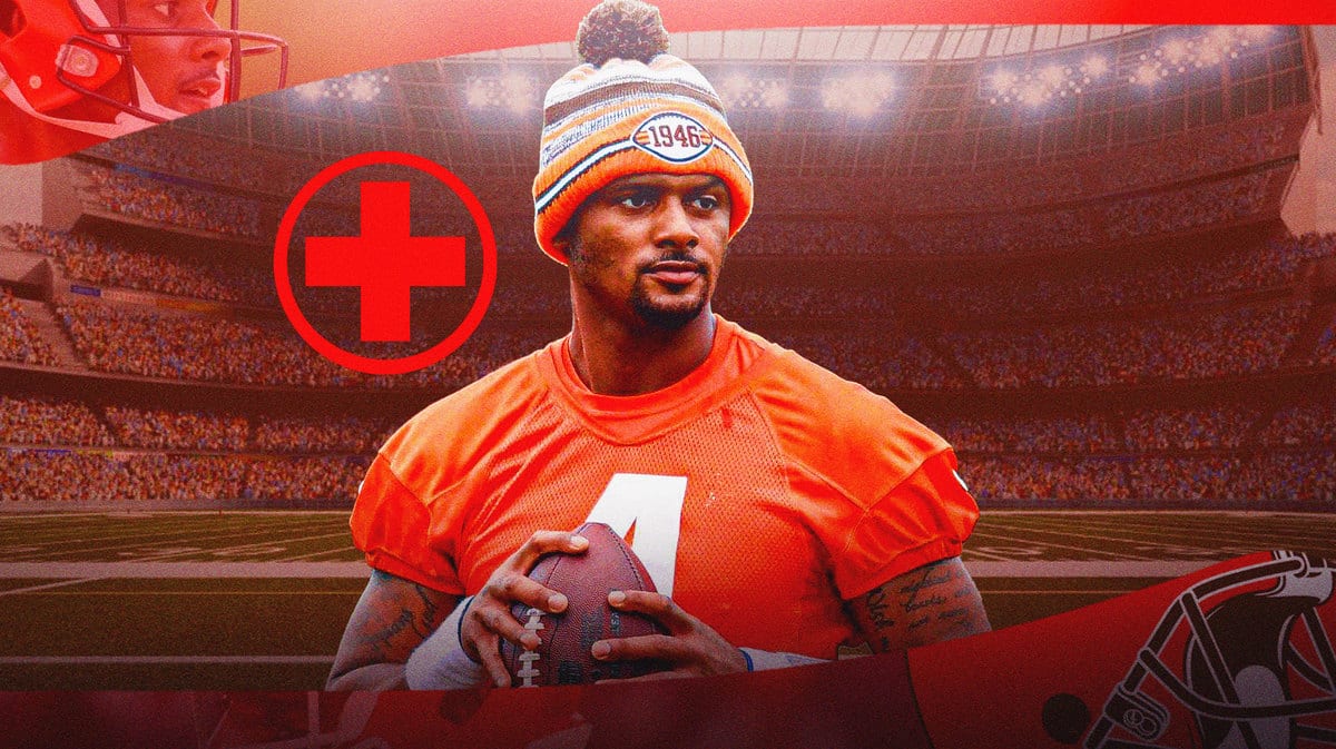 Cleveland Browns quarterback Deshaun Watson with the medical cross logo in the background.