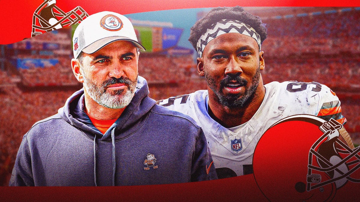 Myles Garrett of the Browns looking serious with Kevin Stefanski