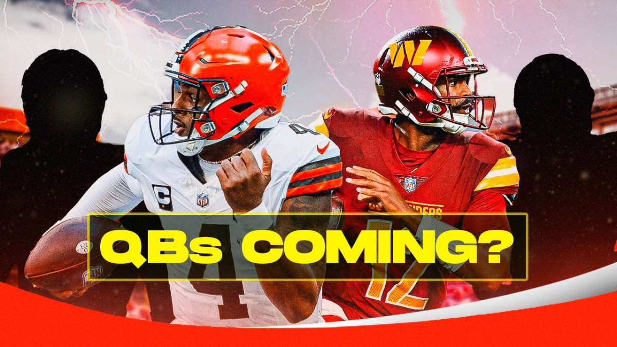 Deshaun Watson and Jacoby Brissett in the middle with two mystery players around them and thunderbolts in the background with the Cleveland Browns logo.