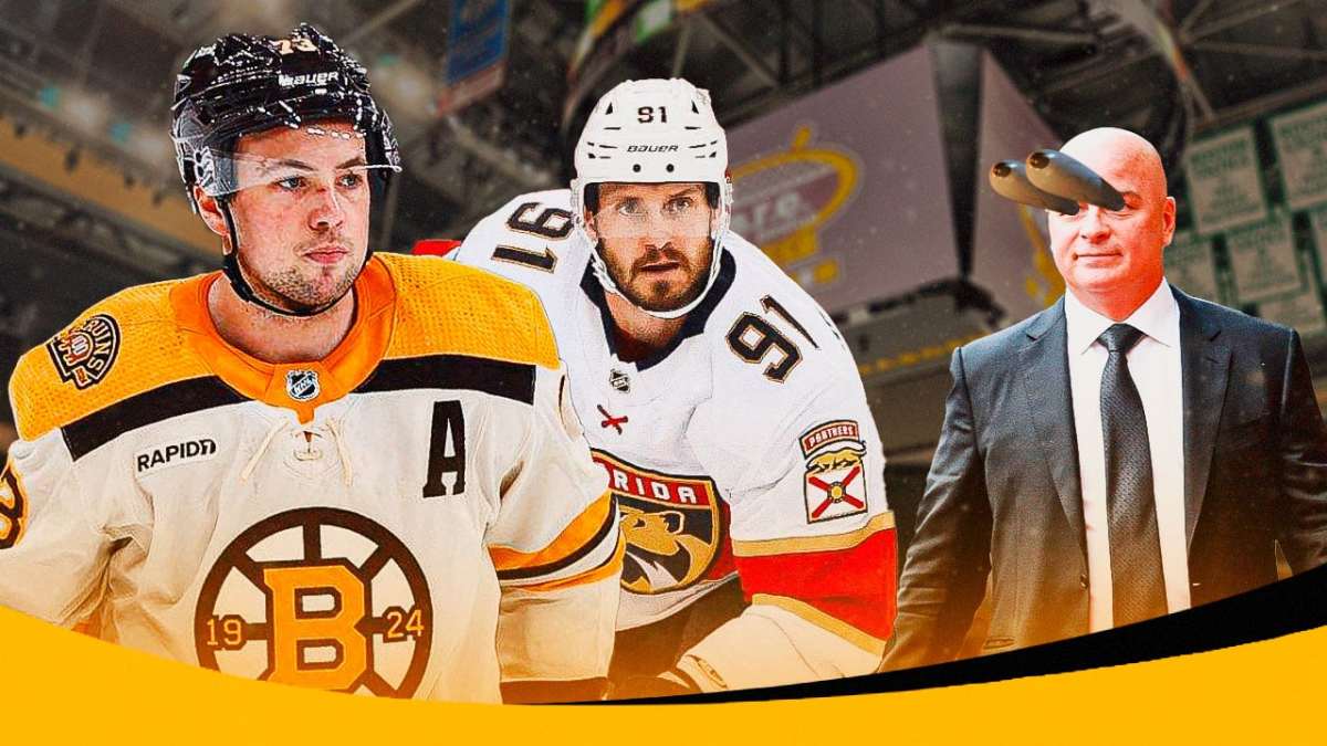 The Boston Bruins' Charlie McAvoy, Florida Panthers' Oliver Ekman-Larsson, and Bruins head coach Jim Montgomery
