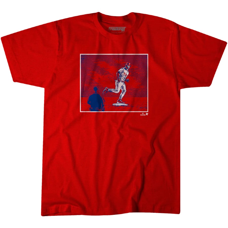 Bryce Harper: The Staredown T-shirt - Red colored on a white background.