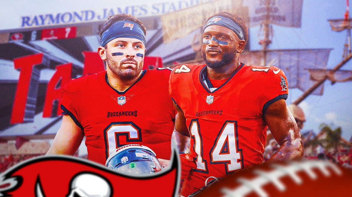 Tampa Bay Buccaneers stars Chris Godwin and Baker Mayfield in front of Raymond James Stadium.
