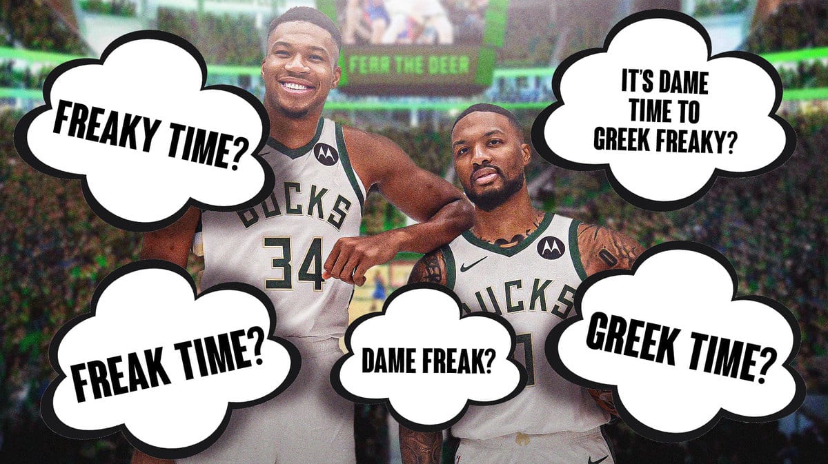 Bucks duo Damian Lillard and Giannis Antetokounmpo pictured together (find a pic of them from 2023 preseason), with many clouds around them with words inside the clouds