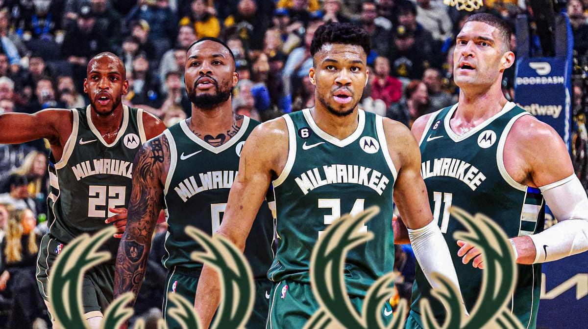 Milwaukee Bucks forward Giannis Antetokounmpo, guard Damian Lillard, center Brook Lopez and forward Khris Middleton in Fiserv Forum.