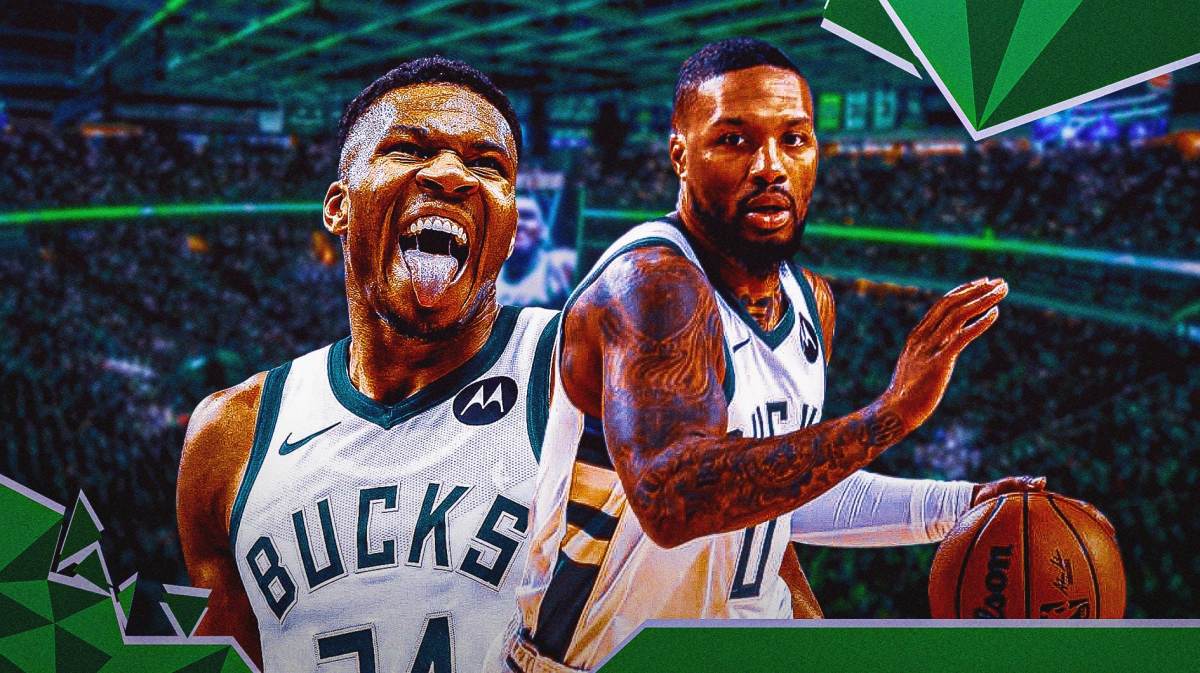 Giannis Antetokounmp and Damian Lillard with the Bucks arena in the background, Marques Bolden Bucks contract roster