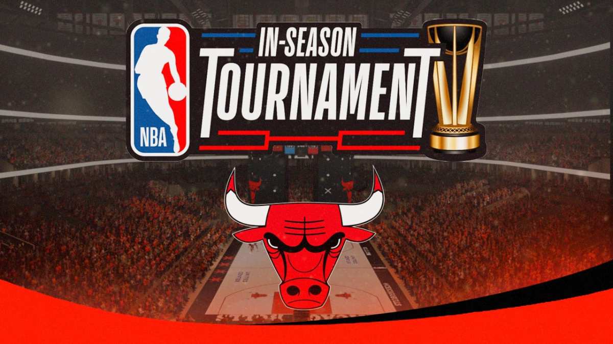 Chicago, Bulls, Nets, Celtics, NBA in-season tournament, Bulls logo and NBA in season tournament logo with Bulls arena in the background