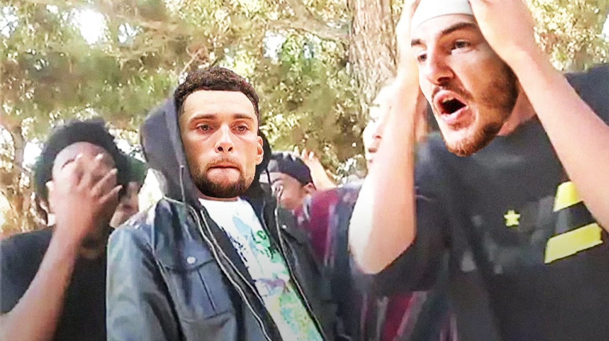 Zach LaVine of the Bulls as the guy with the hoodie and Alex Caruso as the guy on the right with his hands on face