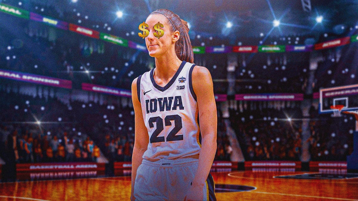 Caitlin Clark on a basketball court with dollar signs in her eyes