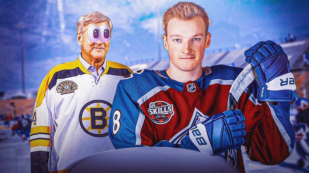 Cale Makar in a Colorado Avalanche jersey, Bobby Orr in a Boston Bruins jersey