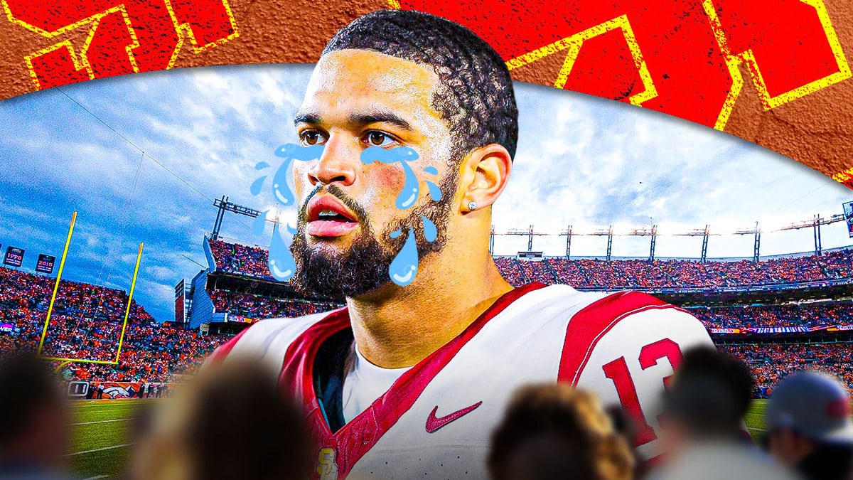 Caleb Williams with animated tears. USC football fans in the background booing