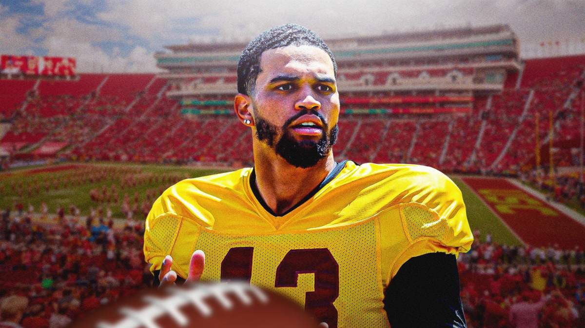 USC football, Utah football, Trojans, Utes, Caleb Williams, Caleb Williams in USC uni with USC football stadium in the background