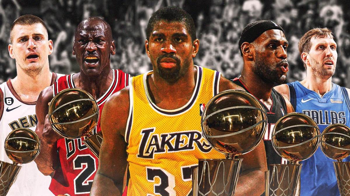 Nikola Jokic Nuggets, Michael Jordan Bulls, Magic Johnson Lakers, LeBron James Heat, Dirk Nowitzki Mavericks all together with the Larry O’Brien Trophy.