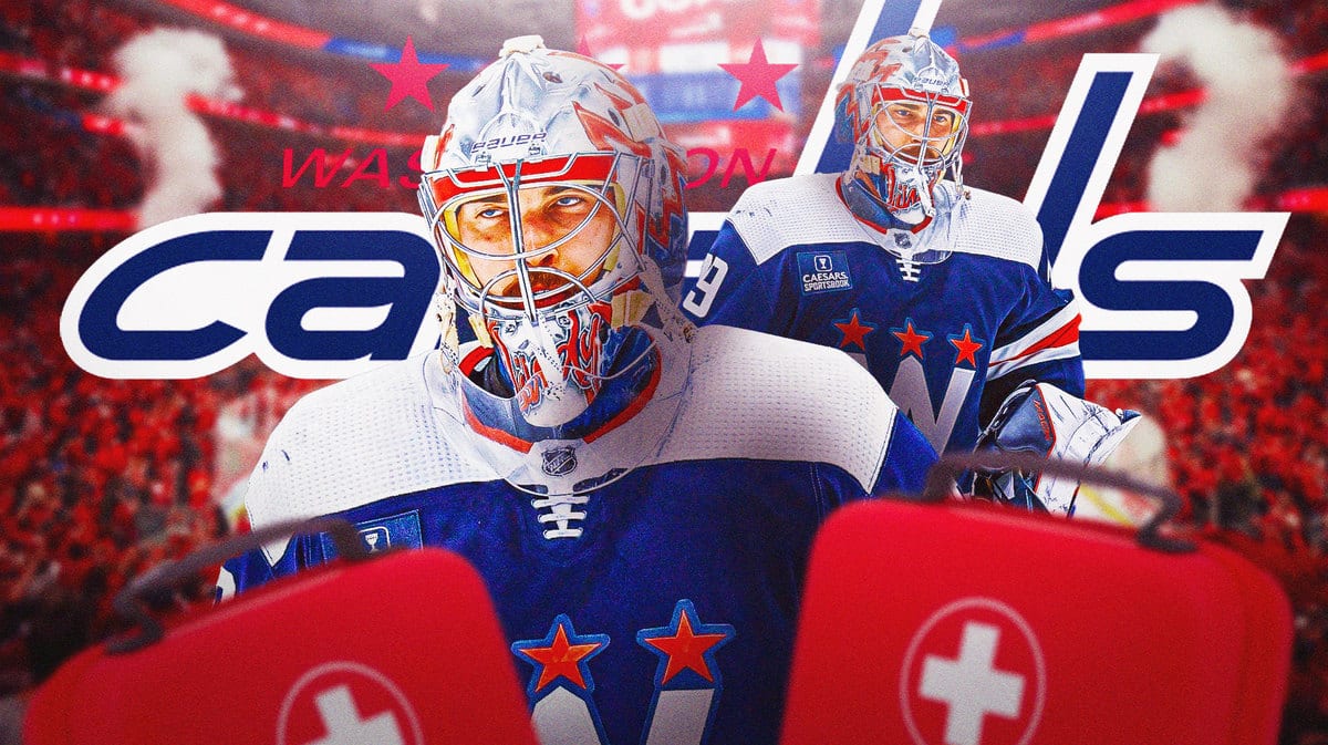 Image: Charlie Lindgren in middle of image looking stern, first aid kit in image, hockey rink in background, WSH Capitals logo
