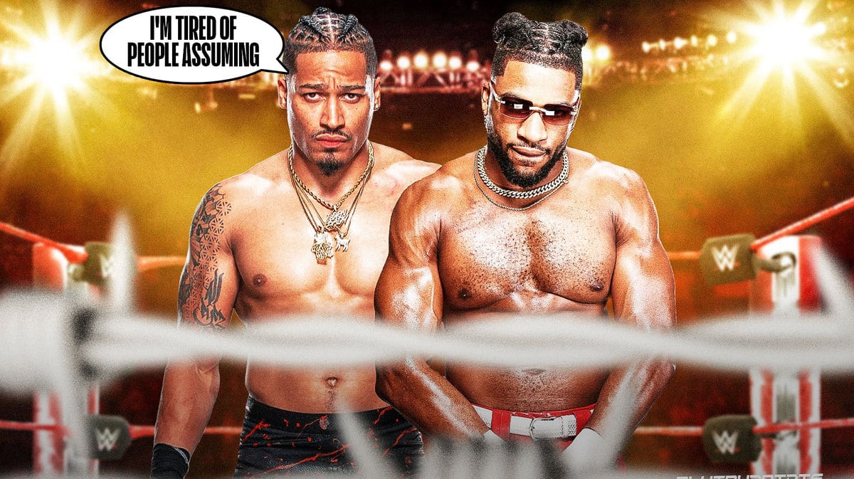 Carmelo Hayes with a text bubble reading “I'm tired of people assuming” next to Trick Williams with the NXT logo as the background.