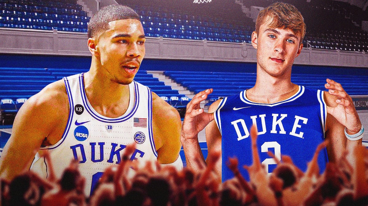 Celtics star Jayson Tatum and Cooper Flagg in Duke basketball jerseys