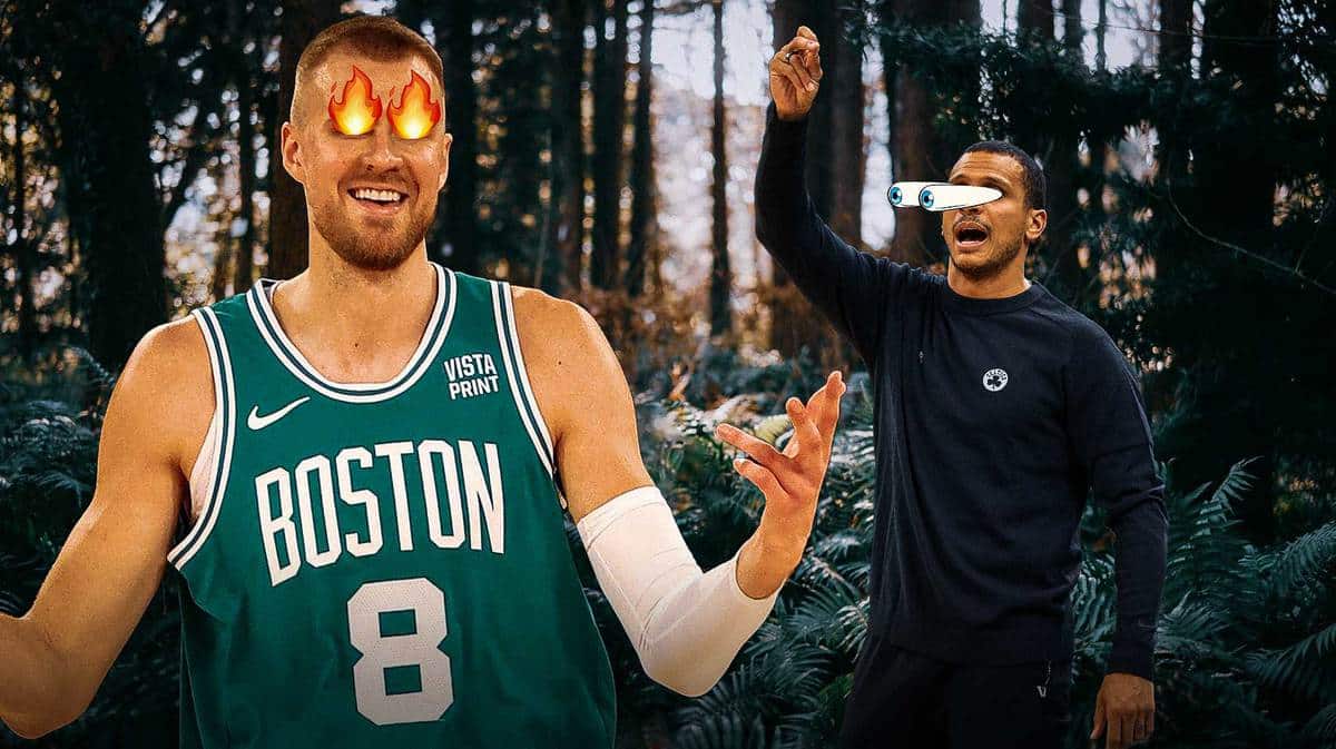 Kristaps Porzingis and Boston Celtics head coach Joe Mazzulla.
