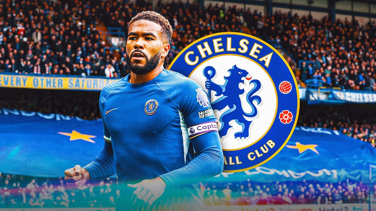 Reece James in front of the Chelsea logo
