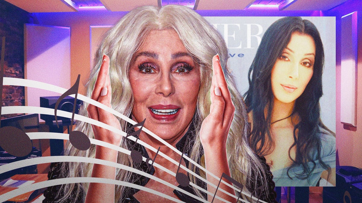 Cher holding her ears as her music from her album is being listened to.