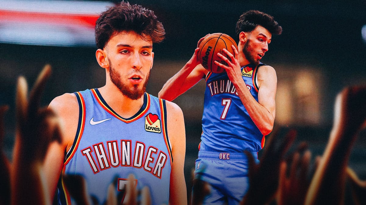 Thunder center Chet Holmgren focusing, closing his eyes, with a pic of him shooting the ball on the side