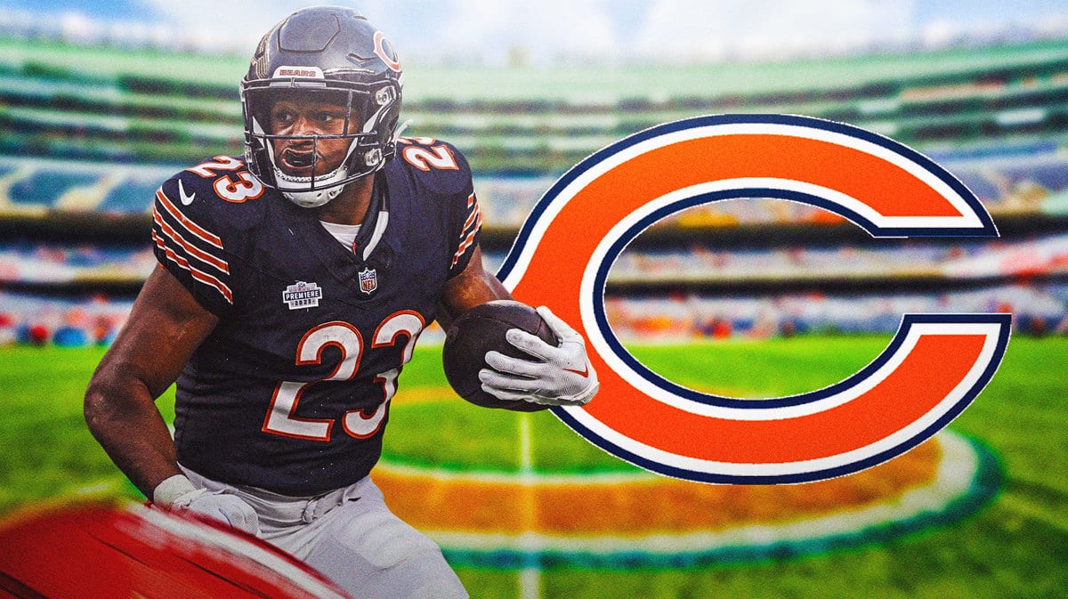 Bears Roschon Johnson fired up to make his injury return. Background is Soldier Field