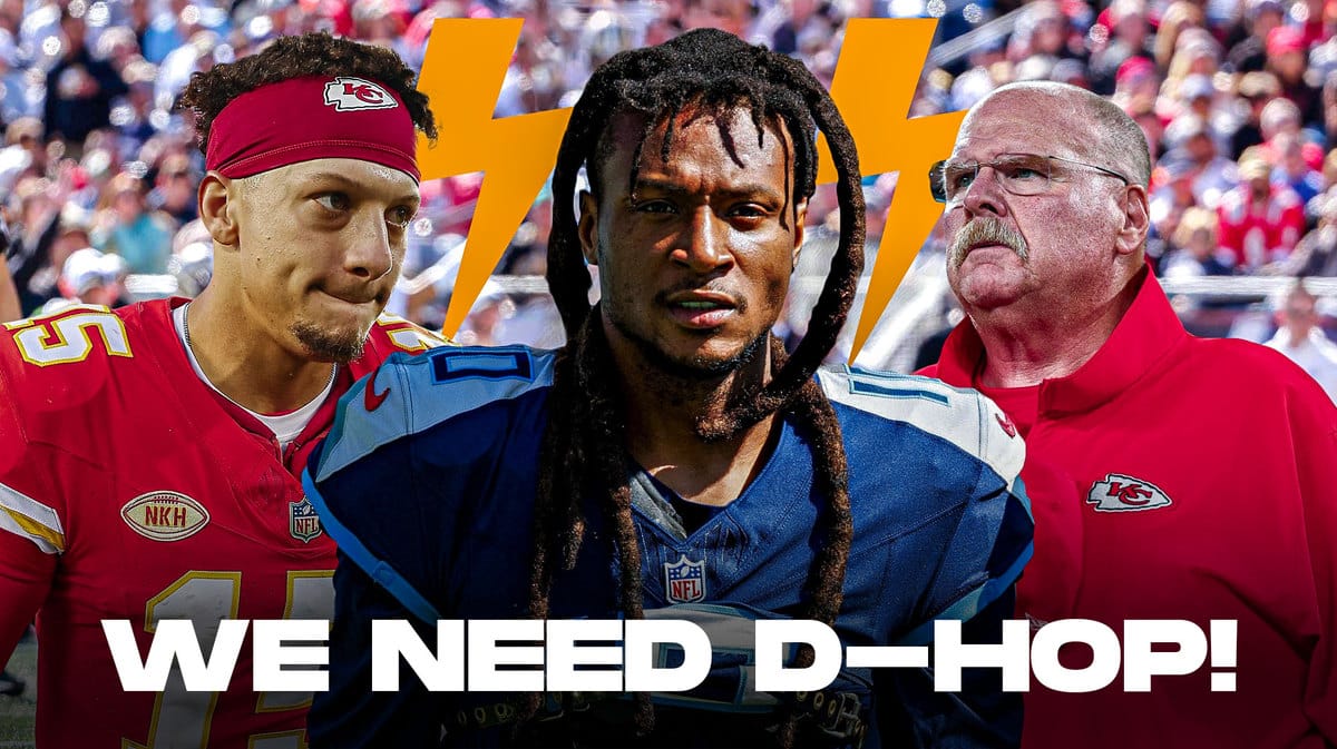 DeAndre Hopkins in the middle with Chiefs coach Andy Reid, Patrick Mahomes around him and explosions in the background.
