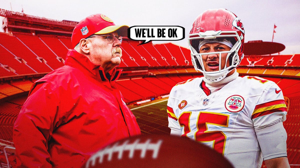 Patrick Mahomes next to Andy Reid with a speech bubble that says: We'll be ok