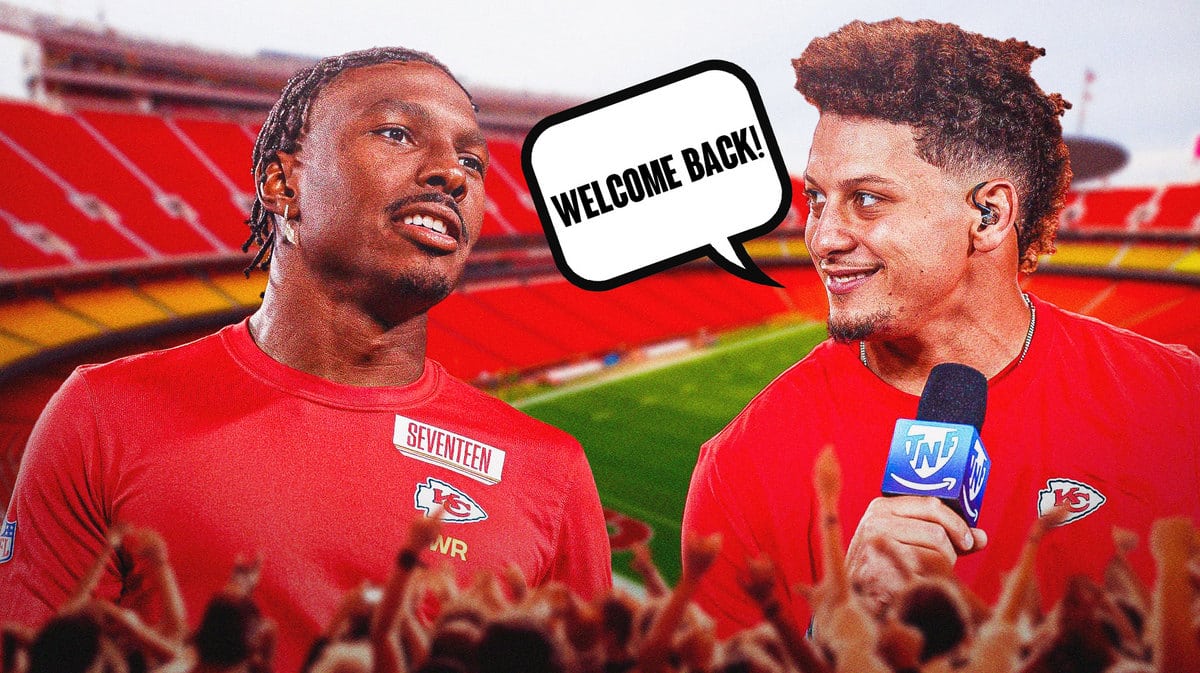 Chiefs WR Mecole Hardman looking at Patrick Mahomes after being traded from Jets