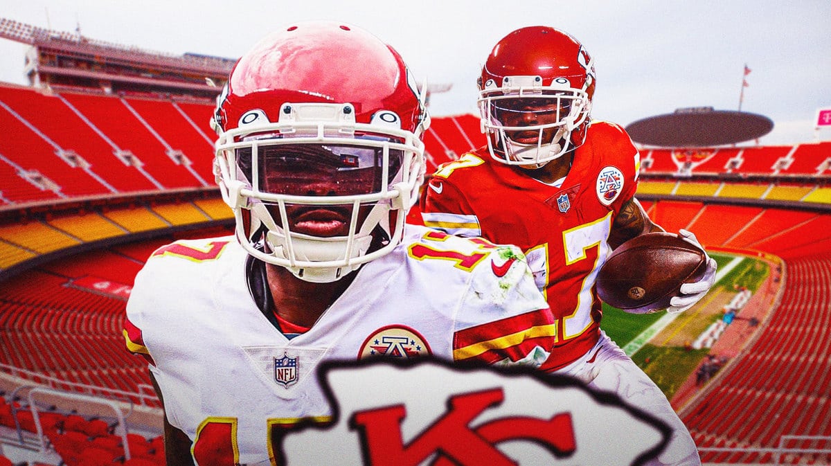 Kansas City Chiefs receiver Mecole Hardman in front of Arrowhead Stadium.
