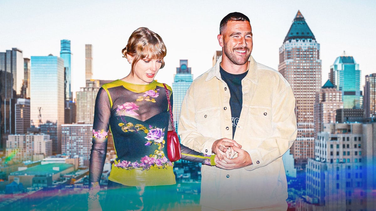 Kansas City Chiefs Travis Kelce and Taylor Swift holding hands.
