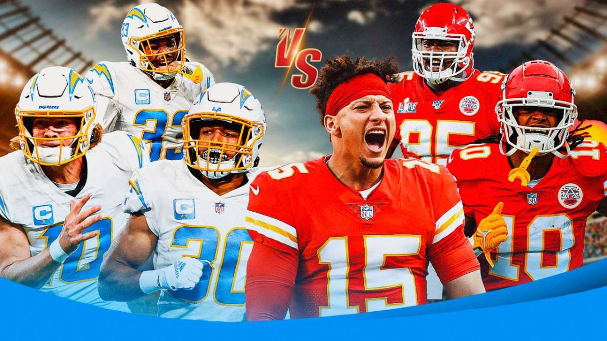 Image: Los Angeles Chargers' Justin Herbert, Austin Ekeler, and Derwin James VS. Kansas City Chiefs' Patrick Mahomes, Isiah Pacheco, and Chris Jones