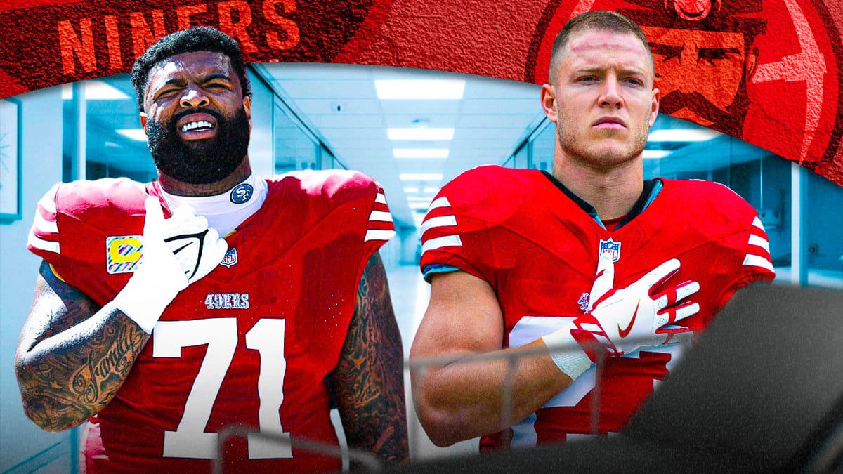 Christian McCaffrey and Trent Williams in front of hospital