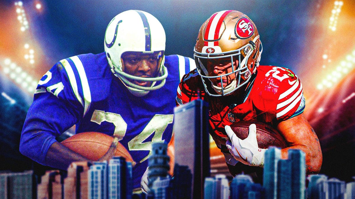 San Francisco 49ers running back Christian McCaffrey, and the man whose record he is chasing down, Lenny Moore
