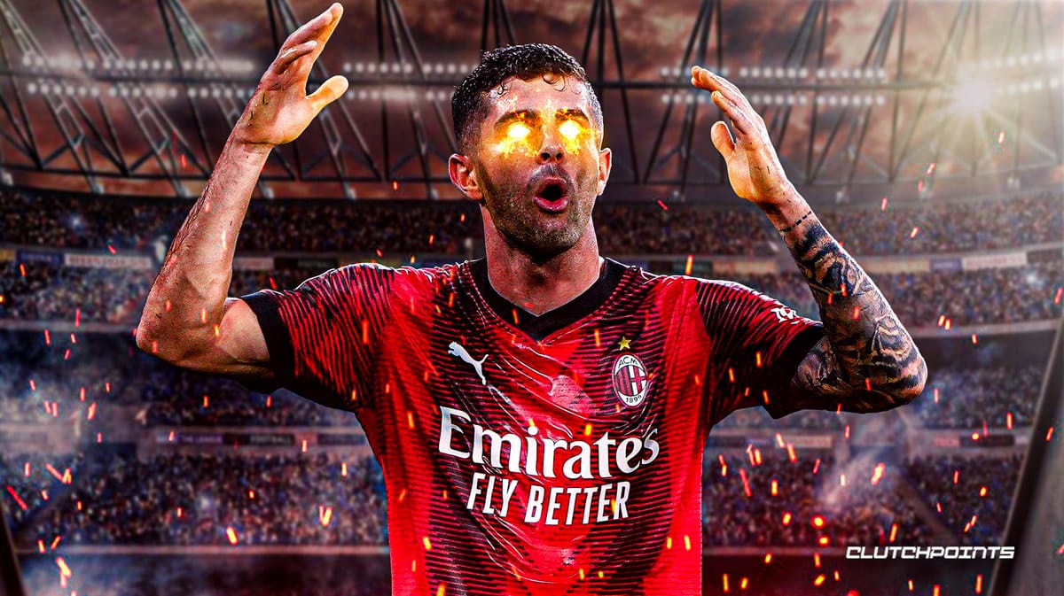 Christian Pulisic on fire in front of the AC Milan and USMNT logos