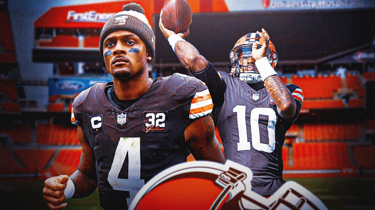 Browns' Deshaun Watson looking serious. Browns' PJ Walker throwing a football.